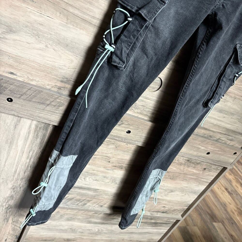 Serenede 28 Black Cargo Skinny Jeans Turquoise Patches Bungees Sporty Edgy Punk - Picture 4 of 14